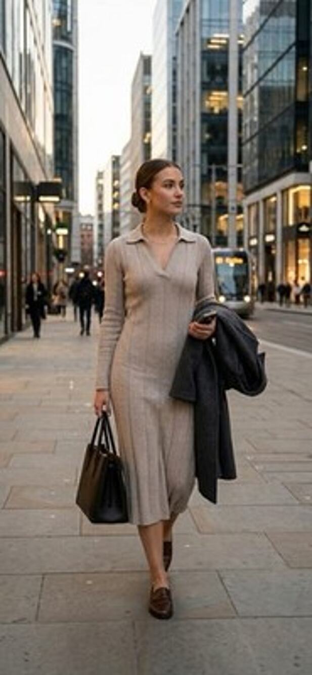 H&M NWT Rib Knit Dress Women's M Beige Tan V Neck Collared Bodycon Midi